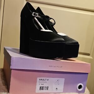 Lisa Vicky- Vault Platform Mary Jane Pump Shoes Black Satin 7M New In Box